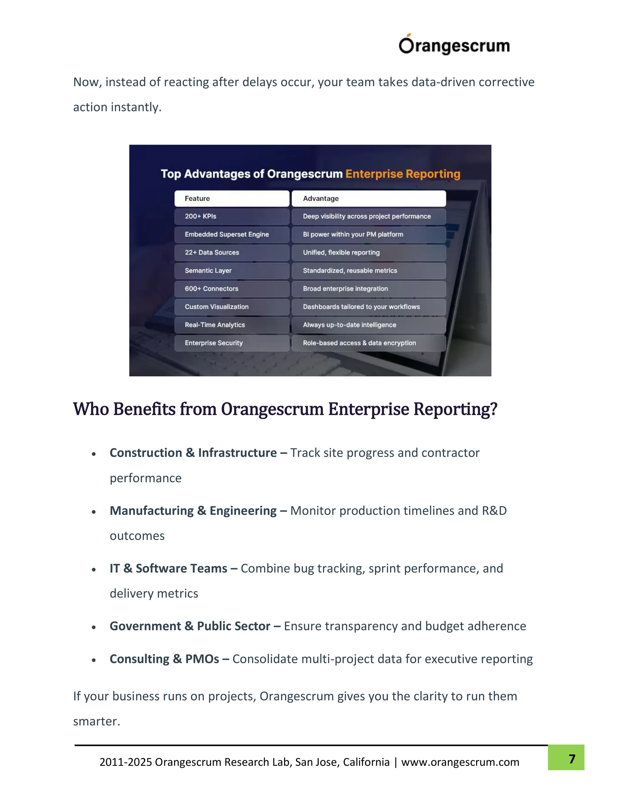 7
2011-2025 Orangescrum Research Lab, San Jose, California | www.orangescrum.com
Now, instead of reacting after delays occur, your team takes data-driven corrective
action instantly.
Who Benefits from Orangescrum Enterprise Reporting?
 Construction & Infrastructure – Track site progress and contractor
performance
 Manufacturing & Engineering – Monitor production timelines and R&D
outcomes
 IT & Software Teams – Combine bug tracking, sprint performance, and
delivery metrics
 Government & Public Sector – Ensure transparency and budget adherence
 Consulting & PMOs – Consolidate multi-project data for executive reporting
If your business runs on projects, Orangescrum gives you the clarity to run them
smarter.
 