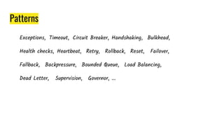 Patterns
Exceptions, Timeout, Circuit Breaker, Handshaking, Bulkhead,
Health checks, Heartbeat, Retry, Rollback, Reset, Failover,
Fallback, Backpressure, Bounded Queue, Load Balancing,
Dead Letter, Supervision, Governor, ...
 
