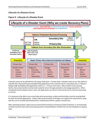 Achieving Enterprise Resiliency and Corporate Certification July 26, 2013
Created by: Thomas Bronack © Page: 21 bronackt@dcag.com / 917-673-6992
Lifecycle of a Disaster Event
Figure 9: Lifecycle of a Disaster Event
A disaster event can be plotted from the above illustration. It shows when a disaster event occurs, the ability to
instantly flip / flop Continuously Available (CA) applications from a primary site to a secondary site, or Failover /
failback High Availability (HA) applications within a 2 – 72 hour time frame. After transfer to the recovery
facility, the primary facility must be made ready for return through protection and salvage operations. When
completed and the disaster event is over, the applications can return to the normal site to continue processing
as normal.
It is necessary to be able to use current data when processing, so data synchronization must be accomplished
for both CA and HA Applications. Today’s data synchronization techniques can support this requirement, along
with the use of a hosted cloud facility that is maintained at either a public or private site.
After switching locations, data must be synchronized instantly via Continuous Data Protection, or Incrementally
via Data Protection (last vital record backup) with a Forward Restore of Data from the last checkpoint or backup
copy.
 