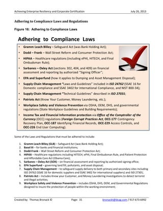 Achieving Enterprise Resiliency and Corporate Certification July 26, 2013
Created by: Thomas Bronack © Page: 31 bronackt@dcag.com / 917-673-6992
Adhering to Compliance Laws and Regulations
Figure 16: Adhering to Compliance Laws
Some of the Laws and Regulations that must be adhered to include:
1. Gramm Leach Bliley (GLB) – Safeguard Act (was Bank Holding Act);
2. Basel III – for banks and financial institutions;
3. Dodd-Frank – Wall Street Reform and Consumer Protection Act;
4. HIPAA – Healthcare regulations including HITECH, ePHI, Final Ombudsman Rule, and Patient Protection
and Affordable Care Act (Obama Care);
5. Sarbanes – Oxley Act (SOX) – on financial assessment and reporting by authorized signing office;
6. EPA Superfund – governing land fill, pollutants, and asset disposal;
7. Supply Chain Management – to safeguard supply delivery to both primary and secondary sites including
ISO 24762 (SSAE 16 for domestic suppliers and SSAE 3402 for international suppliers) and ISO 27301;
8. Patriots Act – Includes Know your Customer, and Money Laundering investigations to detect terrorist
and illegal activities;
9. Workplace Safety and Violence Prevention – includes OSHA, DHS, OEM, and Governmental Regulations
designed to insure the protection of people within the working environment;
 
