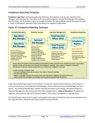 Achieving Enterprise Resiliency and Corporate Certification July 26, 2013
Created by: Thomas Bronack © Page: 34 bronackt@dcag.com / 917-673-6992
Compliance Reporting Technique
Compliance reporting is achieved by gathering information from Business Units by their Operations Risk
Managers, who then pass the information to the corporate Compliance Technical Risk Manager who validates
the information and formulates a report to management where the Signing Officer reviews the report and signs
a “Letter of Attestation” statement that is submitted to the regulatory organization.
Figure 18: Compliance Reporting Technique
Capturing and gathering compliance information is a corporate endeavor whose pathway is shown above. It
starts with the Business Units Operations Risk Manager, who provides the Technical Risk Manager with their
reports. The Technical Risk Manager validates reported information and compiles a Compliance Report to
Executive Management, who reviews the information and generates a “Letter of Attestation” for delivery to
regulators along with any required Compliance Reports. This activity is performed on a periodic basis.
The method shown above is use to support and validate many types of compliance and recovery operations with
only slight alterations related to each type of operation being reviewed.
 
