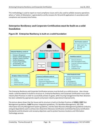 Achieving Enterprise Resiliency and Corporate Certification July 26, 2013
Created by: Thomas Bronack © Page: 36 bronackt@dcag.com / 917-673-6992
This methodology is used to report on most compliance issues and is also used to validate recovery operations
where a “Letter of Attestation: is generated to certify recovery for HA and CA applications in accordance with
compliance and recovery time frames.
Enterprise Resiliency and Corporate Certification must be built on a solid
foundation
Figure 20: Enterprise Resiliency is built on a solid foundation
The Enterprise Resiliency and Corporate Certification process must be built on a solid structure. Like a house
needs a solid foundation to build its structure on, Enterprise Resiliency and Corporate Certification must utilize
industry Best Practices in order to successfully achieve its goals, while insuring management that their direction
has been validated by appropriate experts and proven industry operational improvements.
The picture above shows that the house and its structure is built on the Best Practices of COSO / CERT Risk
Management guidelines, CobIT Business Integration guidelines, ITIL Workflow Management, ISO 2700
Information Security Management System guidelines, and the latest Recovery Management guidelines (industry
and goal dependent) used to achieve Zero Downtime (Recovery Certification and Global Recovery Certification
Standards) and the disaster and recovery objectives used to protect business locations and Information
Technology services.
 