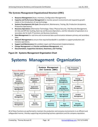 Achieving Enterprise Resiliency and Corporate Certification July 26, 2013
Created by: Thomas Bronack © Page: 40 bronackt@dcag.com / 917-673-6992
The Systems Management Organizational Structure (SMC)
Resource Management (Asset, Inventory, Configuration Management);
Capacity and Performance Management to monitor present environment and respond to growth
needs or the introduction of new technology;
Systems Development Life Cycle (Development, Maintenance, Testing, QA, Production Acceptance,
Production Operations);
Recovery Operations (Information Technology / Data / Physical Security, Vital Records Management,
On-Site and Off-Site Vaulting, Back-Up and Recovery Operations, and the relocation of operations to a
secondary site for both IT functions and Business locations);
Data Management for real-time and incremental data synchronization between primary and secondary
sites;
Network Management to ensure that required bandwidth is available to support production and
recovery operations;
Support and Maintenance (for problem repair and Enhancement Implementation);
Change Management and Version and Release Management; and,
Documentation, Supportive Literature, Awareness, and Training.
Figure 24: Systems Management Organization Chart
All of these functions are performed to maintain the production and recovery environments in an efficient and
safeguarded manner, thereby supporting and protecting business operations and the company reputation.
 