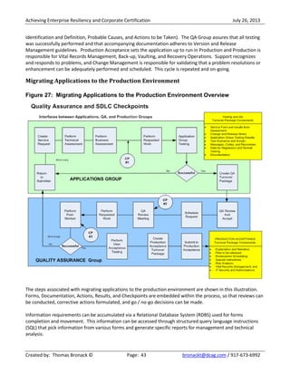 Achieving Enterprise Resiliency and Corporate Certification July 26, 2013
Created by: Thomas Bronack © Page: 43 bronackt@dcag.com / 917-673-6992
Identification and Definition, Probable Causes, and Actions to be Taken). The QA Group assures that all testing
was successfully performed and that accompanying documentation adheres to Version and Release
Management guidelines. Production Acceptance sets the application up to run in Production and Production is
responsible for Vital Records Management, Back-up, Vaulting, and Recovery Operations. Support recognizes
and responds to problems, and Change Management is responsible for validating that a problem resolutions or
enhancement can be adequately performed and scheduled. This cycle is repeated and on-going.
Migrating Applications to the Production Environment
Figure 27: Migrating Applications to the Production Environment Overview
The steps associated with migrating applications to the production environment are shown in this illustration.
Forms, Documentation, Actions, Results, and Checkpoints are embedded within the process, so that reviews can
be conducted, corrective actions formulated, and go / no-go decisions can be made.
Information requirements can be accumulated via a Relational Database System (RDBS) used for forms
completion and movement. This information can be accessed through structured query language instructions
(SQL) that pick information from various forms and generate specific reports for management and technical
analysis.
 