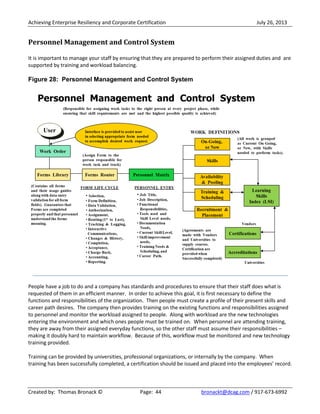 Achieving Enterprise Resiliency and Corporate Certification July 26, 2013
Created by: Thomas Bronack © Page: 44 bronackt@dcag.com / 917-673-6992
Personnel Management and Control System
It is important to manage your staff by ensuring that they are prepared to perform their assigned duties and are
supported by training and workload balancing.
Figure 28: Personnel Management and Control System
People have a job to do and a company has standards and procedures to ensure that their staff does what is
requested of them in an efficient manner. In order to achieve this goal, it is first necessary to define the
functions and responsibilities of the organization. Then people must create a profile of their present skills and
career path desires. The company then provides training on the existing functions and responsibilities assigned
to personnel and monitor the workload assigned to people. Along with workload are the new technologies
entering the environment and which ones people must be trained on. When personnel are attending training,
they are away from their assigned everyday functions, so the other staff must assume their responsibilities –
making it doubly hard to maintain workflow. Because of this, workflow must be monitored and new technology
training provided.
Training can be provided by universities, professional organizations, or internally by the company. When
training has been successfully completed, a certification should be issued and placed into the employees’ record.
 
