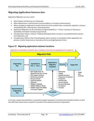 Achieving Enterprise Resiliency and Corporate Certification July 26, 2013
Created by: Thomas Bronack © Page: 58 bronackt@dcag.com / 917-673-6992
Migrating Applications between sites
Application Migration can occur when:
New Products and Services are introduced;
When Maintenance is performed to correct problems or introduce enhancements;
When changing an applications location from one site to another (new, maintained, migration, recovery,
consolidating sites, reducing sites, eliminating sites);
Application Migration can be controlled via High Availability (2 – 72 hour recovery) or Continuous
Availability (immediate recovery) requirements;
HA applications follow a Failover / Failback philosophy where recovery is accomplished with recovery
time objectives; and,
CA applications follow a Flip / Flop philosophy where recovery is immediate and the application can
process in either the primary or secondary site for prolonged periods of time.
Figure 37: Migrating applications between locations
In all cases, proper documentation is required to support operations in primary and secondary locations so that
the staff knows what actions to perform and what is the expected outcome of operations.
 