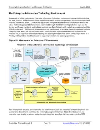 Achieving Enterprise Resiliency and Corporate Certification July 26, 2013
Created by: Thomas Bronack © Page: 78 bronackt@dcag.com / 917-673-6992
The Enterprise Information Technology Environment
An example of a fully implemented Enterprise Information Technology environment is shown to illustrate how
the SDLC, Support, and Maintenance operations interacts with production operations in support of normal and
recovery procedures. Users / Clients make requests for new products and services which are created via the
SDLC. Problem Repairs and Enhancements are created through the SDLC from the production copy and the
Version and Release number is updated appropriately. An Open Network with multiple access points (could be
Wide Area Network - WAN) connects development and maintenance to receiving sites and associated vaults to
safeguard data. Real-Time and Incremental data synchronization is provided between the production and
recovery site, in support of application criticality and recovery time demands. Cloud computing is shown as a
Private / Public / Hybrid cloud hosting site to support production and recovery operations.
Figure 53: Overview of an Enterprise IT Environment
New development requests, enhancements, and problem resolutions are presented to the Development and
Maintenance departments and follow the Systems Development Life Cycle (SDLC) described earlier. An
enterprise must be able to recover production operations to a secondary site in accordance to SLA / RTO
 