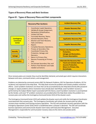Achieving Enterprise Resiliency and Corporate Certification July 26, 2013
Created by: Thomas Bronack © Page: 88 bronackt@dcag.com / 917-673-6992
Types of Recovery Plans and their Sections
Figure 61: Types of Recovery Plans and their components
Once recovery plans are created, they must be identified, declared, and acted upon which requires interactions
between end-users, command centers, and management.
Problems are detected by command centers (NCC for Network Problems, OCC for Operations Problems, ICC for
Incidents) and reported to the Help Desk. The Help Desk records the problem and initiates problem resolution
efforts. Level I problem resolutions are those that can be accomplished by the Help Desk directly (like password
changes or repeat problems where resolutions have already been identified), Level II problem recovery is
performed by the Subject Matter Expert associated with the failure, Level III problem resolution is accomplished
by the Vendor, and Level “D” problem resolutions are provided when the Help Desk relates the problem to a
recovery plan and notifies the Contingency Command Center (CCC) of the disaster event.
The Contingency Command Center (CCC) will validate the disaster event and notify the Contingency Coordinator
associated with that recovery plan. The Contingency Coordinator will initiate the recovery plan by calling
recovery team members and starting recovery operations. The CCC will coordinate recovery operations with the
Emergency Operations Center (EOC) which is established when a disaster is declared. The EOC will coordinate
business operations and communicate disaster event status with Executive Management. Executive
Management is responsible for communication recovery status to the clients and outside world.
 
