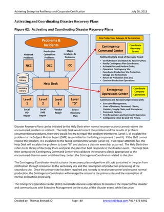 Achieving Enterprise Resiliency and Corporate Certification July 26, 2013
Created by: Thomas Bronack © Page: 89 bronackt@dcag.com / 917-673-6992
Activating and Coordinating Disaster Recovery Plans
Figure 62: Activating and Coordinating Disaster Recovery Plans
Disaster Recovery Plans can be initiated by the Help Desk when normal recovery actions cannot resolve the
encountered problem or incident. The Help Desk would record the problem and the results of problem
circumvention procedures, then they would first try to repair the problem themselves (Level I), or escalate the
problem to the Subject Matter Expert (SME) responsible for the failing component (Level II). If the SME cannot
resolve the problem, it is escalated to the failing components Vendor (Level III). If all repair attempts fail, the
Help Desk will escalate the problem to Level “D” and declare a disaster event has occurred. The Help Desk then
refers to its library of Recovery Plans and picks the plan that best responds to the disaster event. The Help Desk
then contacts the Contingency Command Center who validates the recovery plan is appropriate to the
encountered disaster event and then they contact the Contingency Coordinator related to the plan.
The Contingency Coordinator would activate the recovery plan and perform all tasks contained in the plan from
notification through relocation to the secondary site and the resumption of production processing at the
secondary site. Once the primary site has been repaired and is ready to receive personnel and resume normal
production, the Contingency Coordinator will manage the return to the primary site and the resumption of
normal production processing.
The Emergency Operation Center (EOC) coordinates business operations to minimize the impact of the disaster
and communicates with Executive Management on the status of the disaster event, while Executive
 