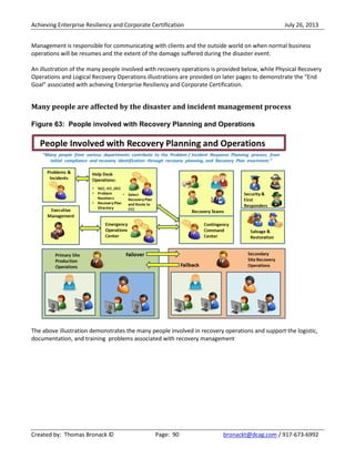 Achieving Enterprise Resiliency and Corporate Certification July 26, 2013
Created by: Thomas Bronack © Page: 90 bronackt@dcag.com / 917-673-6992
Management is responsible for communicating with clients and the outside world on when normal business
operations will be resumes and the extent of the damage suffered during the disaster event.
An illustration of the many people involved with recovery operations is provided below, while Physical Recovery
Operations and Logical Recovery Operations illustrations are provided on later pages to demonstrate the “End
Goal” associated with achieving Enterprise Resiliency and Corporate Certification.
Many people are affected by the disaster and incident management process
Figure 63: People involved with Recovery Planning and Operations
The above illustration demonstrates the many people involved in recovery operations and support the logistic,
documentation, and training problems associated with recovery management
 
