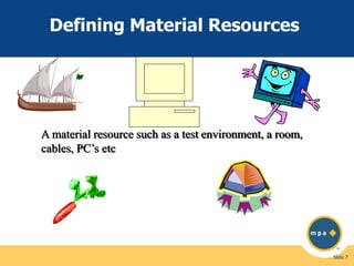 Defining Material Resources

A material resource such as a test environment, a room,
cables, PC’s etc

Slide 7

 