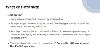 TYPES OF ENTERPRISE
Corporation
are a separate legal entity created by shareholders.
Incorporating a business protects owners from being personally liable for the
company’s debts or legal disputes.
In sole proprietorships and partnerships, if one of the owners passes away or
declares bankruptcy, the company is dissolved. Corporations exist as a legally
separate entity.
There are three main types of corporations: C Corporation, S Corporation and
Non-Profit Corporation.
 