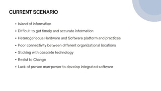 CURRENT SCENARIO
Island of Information
Difficult to get timely and accurate information
Heterogeneous Hardware and Software platform and practices
Poor connectivity between different organizational locations
Sticking with obsolete technology
Resist to Change
Lack of proven man-power to develop integrated software
 