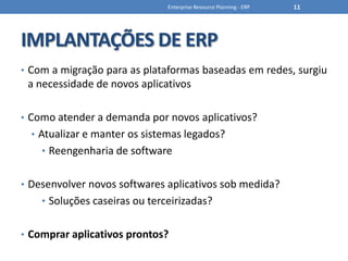 IMPLANTAÇÕES DE ERPCom a migração para as plataformas baseadas em redes, surgiu a necessidade de novos aplicativosComo atender a demanda por novos aplicativos?Atualizar e manter os sistemas legados?Reengenharia de softwareDesenvolver novos softwares aplicativos sob medida?Soluções caseiras ou terceirizadas?Comprar aplicativos prontos?Enterprise Resource Planning - ERP11