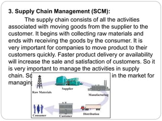3. Supply Chain Management (SCM):
The supply chain consists of all the activities
associated with moving goods from the supplier to the
customer. It begins with collecting raw materials and
ends with receiving the goods by the consumer. It is
very important for companies to move product to their
customers quickly. Faster product delivery or availability
will increase the sale and satisfaction of customers. So it
is very important to manage the activities in supply
chain. Software packages are available in the market for
managing the same.
Distribution
CustomerConsumer
Manufacturing
Raw Materials
Supplier
 