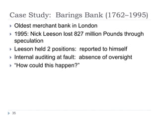 Case Study: Barings Bank (1762–1995)
35
 Oldest merchant bank in London
 1995: Nick Leeson lost 827 million Pounds through
speculation
 Leeson held 2 positions: reported to himself
 Internal auditing at fault: absence of oversight
 “How could this happen?”
 