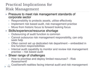 Practical Implications for
Risk Management
102
 Pressure to meet risk management standards of
corporate sector
 Responsi...