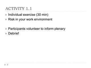 ACTIVITY 1.1
2
 Individual exercise (30 min)
 Risk in your work environment
 Participants volunteer to inform plenary
...