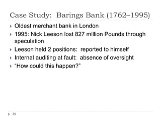 Case Study: Barings Bank (1762–1995)
35
 Oldest merchant bank in London
 1995: Nick Leeson lost 827 million Pounds throu...