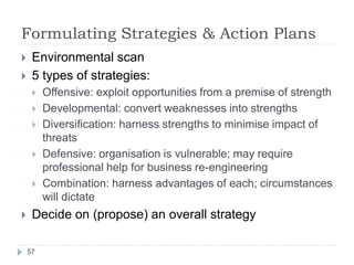 Formulating Strategies & Action Plans
57
 Environmental scan
 5 types of strategies:
 Offensive: exploit opportunities ...