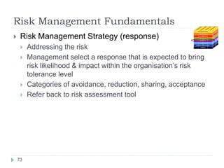 Risk Management Fundamentals
73
 Risk Management Strategy (response)
 Addressing the risk
 Management select a response...
