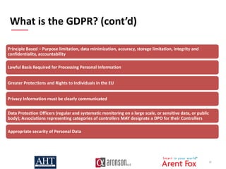 35
What is the GDPR? (cont’d)
Principle Based – Purpose limitation, data minimization, accuracy, storage limitation, integrity and
confidentiality, accountability
Lawful Basis Required for Processing Personal Information
Greater Protections and Rights to Individuals in the EU
Privacy Information must be clearly communicated
Data Protection Officers (regular and systematic monitoring on a large scale, or sensitive data, or public
body); Associations representing categories of controllers MAY designate a DPO for their Controllers
Appropriate security of Personal Data
 