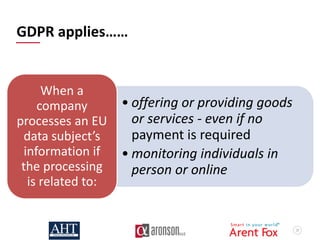 37
GDPR applies……
• offering or providing goods
or services - even if no
payment is required
• monitoring individuals in
person or online
When a
company
processes an EU
data subject’s
information if
the processing
is related to:
 