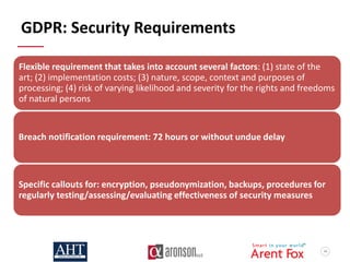 44
GDPR: Security Requirements
Flexible requirement that takes into account several factors: (1) state of the
art; (2) implementation costs; (3) nature, scope, context and purposes of
processing; (4) risk of varying likelihood and severity for the rights and freedoms
of natural persons
Breach notification requirement: 72 hours or without undue delay
Specific callouts for: encryption, pseudonymization, backups, procedures for
regularly testing/assessing/evaluating effectiveness of security measures
 