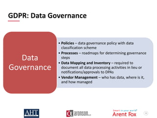 46
GDPR: Data Governance
• Policies – data governance policy with data
classification scheme
• Processes – roadmaps for determining governance
steps
• Data Mapping and Inventory – required to
document all data processing activities in lieu or
notifications/approvals to DPAs
• Vendor Management – who has data, where is it,
and how managed
Data
Governance
 