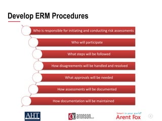 61
Develop ERM Procedures
Who is responsible for initiating and conducting risk assessments
Who will participate
What steps will be followed
How disagreements will be handled and resolved
What approvals will be needed
How assessments will be documented
How documentation will be maintained
 