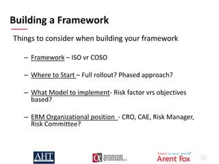 13
Building a Framework
Things to consider when building your framework
– Framework – ISO vr COSO
– Where to Start – Full ...