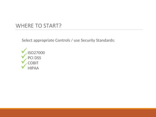 WHERE TO START?
Select appropriate Controls / use Security Standards:
ISO27000
PCI DSS
COBIT
HIPAA
 