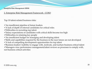 21© 2020 coso.org
Top 10 talent-related business risks:
An insufficient pipeline of future leaders
A lack of depth of internal candidates for critical roles
Difficulties in recruiting top talent
Salary expectations of candidates with critical skills become too high
Difficulties in retaining key people
An insufficient budget for managing and developing talent
Skills and capabilities required by the business in the near future are not developed
A lack of compelling development opportunities for top talent
Business leaders’ inability to engage with, motivate, and nurture business critical talent
Managers view performance management/talent reviews as processes to comply with,
not business critical activities
2. Enterprise Risk Management Framework - COSO
Enterprise Risk Management (ERM)
 