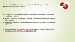 Importance of Risk Management as connected to other PPP Management factors
PPP: Projects, Programs and Portfolios
 Scope: Can surely be negotiated, customer shall be happy if he/she get
what they wanted
 Costs: Can still be negotiated, customer shall be happy if he/she get what
they wanted
 Schedule: Will any customer be happy with spill-over in schedule metrics
??
 Ensure focus towards building and delivering what the CUSTOMER REALLY
WANTS and NOT WHAT the CUSTOMER WANTS
 
