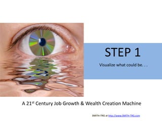 STEP 1,[object Object],Visualize what could be. . .,[object Object],A 21st Century Job Growth & Wealth Creation Machine,[object Object],SMITH-TRG at http://www.SMITH-TRG.com,[object Object]