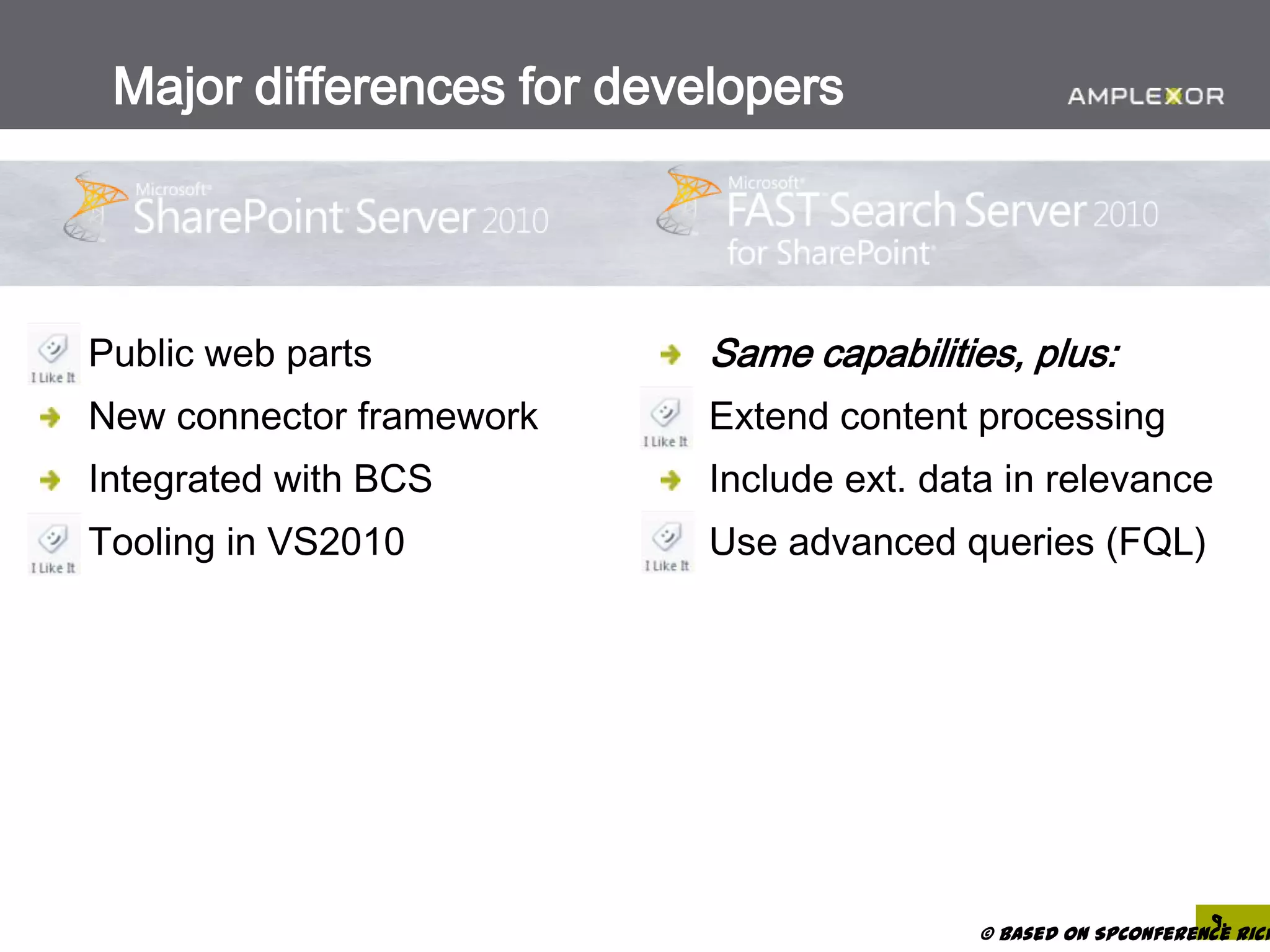 Major differences for developers




Public web parts           Same capabilities, plus:
New connector framework    Extend content processing
Integrated with BCS        Include ext. data in relevance
Tooling in VS2010          Use advanced queries (FQL)




                                                                9.
                                           © based on SPConference Rich
 