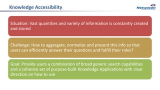 Knowledge Accessibility
Situation: Vast quantities and variety of information is constantly created
and stored
Challenge: How to aggregate, normalize and present this info so that
users can efficiently answer their questions and fulfill their roles?
Goal: Provide users a combination of broad generic search capabilities
and a cohesive set of purpose-built Knowledge Applications with clear
direction on how to use
 
