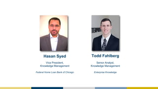 Hasan Syed Todd Fahlberg
Vice President,
Knowledge Management
Senior Analyst,
Knowledge Management
Federal Home Loan Bank ...
