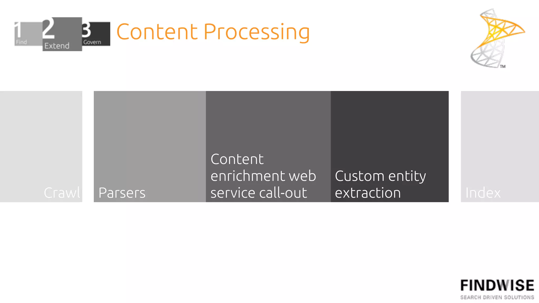Content Processing




                  Content
                  enrichment web     Custom entity
Crawl   Parsers   service call-out   extraction      Index
 