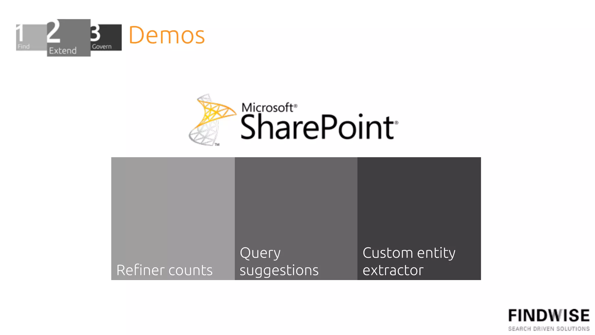 Demos




                Query         Custom entity
Re!ner counts   suggestions   extractor
 