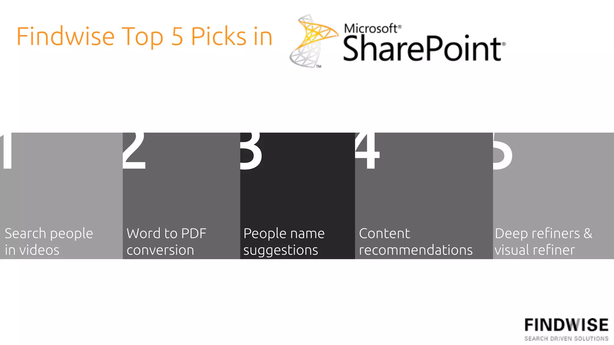 Findwise Top 5 Picks in



1               2             3             4                 5
Search people   Word to PDF   People name   Content           Deep re!ners &
in videos       conversion    suggestions   recommendations   visual re!ner
 