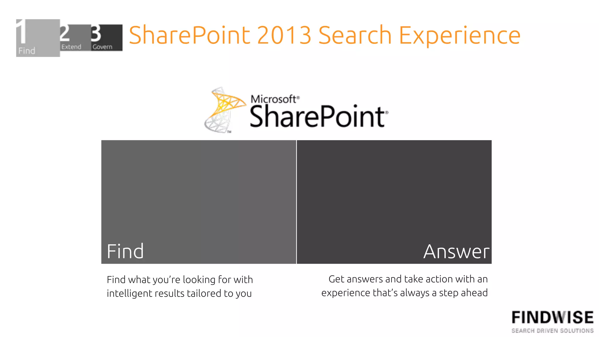 SharePoint 2013 Search Experience




Find                                                        Answer
Find what you’re looking for with      Get answers and take action with an
intelligent results tailored to you   experience that’s always a step ahead
 