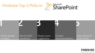 Findwise Top 5 Picks in



1               2             3             4                 5
Search people   Word to PDF   People name   Content           Deep re!ners &
in videos       conversion    suggestions   recommendations   visual re!ner
 