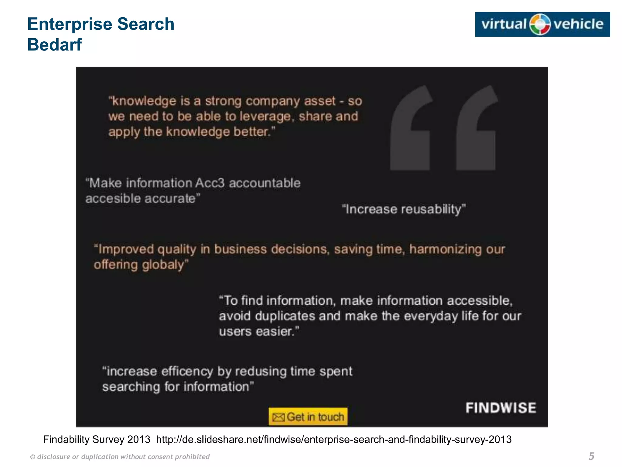 5© disclosure or duplication without consent prohibited
Enterprise Search
Bedarf
Findability Survey 2013 http://de.slideshare.net/findwise/enterprise-search-and-findability-survey-2013
 