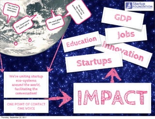 We n
             e
       train ed to




                                                     stu

                                                     W int mmu
                                                       tap t co
                                                        en ot n
             m




                                                        de
      devel ore




                                                           n

                                                           ee he ity!
            opers




                                                             dt
                                                                        GDP




                                                                o
                                              bal
                              nt
                                     nee d glo
                           me
                         rn it     We posure
                      ove get        ex
                   r G ’t
                 Ou oesn
                    d



                                                                  Jobs
                                                      ucation I
                                                    Ed         nno
                                                                  vati
                                                                       on
                                                       Sta rtups
         We’re uniting startup
             eco-systems
          around the world,




                                                           IMPACT
            facilitating the
            conversation!


      ONE POINT OF CONTACT
           ONE VOICE

Thursday, September 22, 2011
 