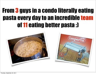 From 3 guys in a condo literally eating
  pasta every day to an incredible team
        of 11 eating better pasta :)




Thursday, September 22, 2011
 