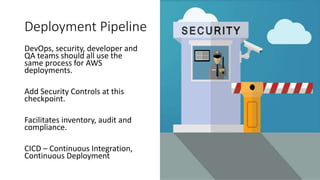 Deployment Pipeline
DevOps, security, developer and
QA teams should all use the
same process for AWS
deployments.
Add Security Controls at this
checkpoint.
Facilitates inventory, audit and
compliance.
CICD – Continuous Integration,
Continuous Deployment
 