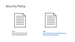 Security Policy
Yours.
Do you know what it says?
Does everybody follow it?
AWS.
https://d0.awsstatic.com/whitepapers/a
ws-security-whitepaper.pdf
 