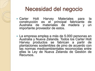 Necesidad del negocioCarter Holt Harvey Materiales para la construcción es el principal fabricante de Australia de materiales de madera y un importante proveedor de estos.La empresa emplea a más de 5.000 personas en Australia y Nueva Zelanda. Todos los Carter Holt Harvey productos se fabrican a partir de plantaciones sostenibles de pino de acuerdo con las normas medioambientales reconocidas entre ellas la Ley de Nueva Zelanda de Gestión de Recursos.