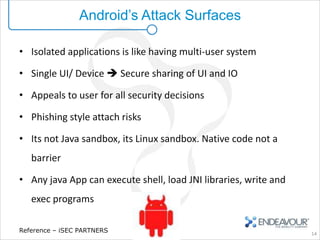 Android’s Attack Surfaces

• Isolated applications is like having multi-user system

• Single UI/ Device  Secure sharing of UI and IO

• Appeals to user for all security decisions

• Phishing style attach risks

• Its not Java sandbox, its Linux sandbox. Native code not a
   barrier

• Any java App can execute shell, load JNI libraries, write and
   exec programs

Reference – iSEC PARTNERS                                         14
 